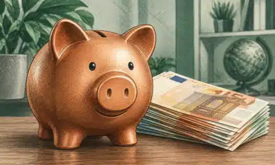 Un salvadanaio accanto a una piccola pila ordinata di banconote in un’illustrazione editoriale.