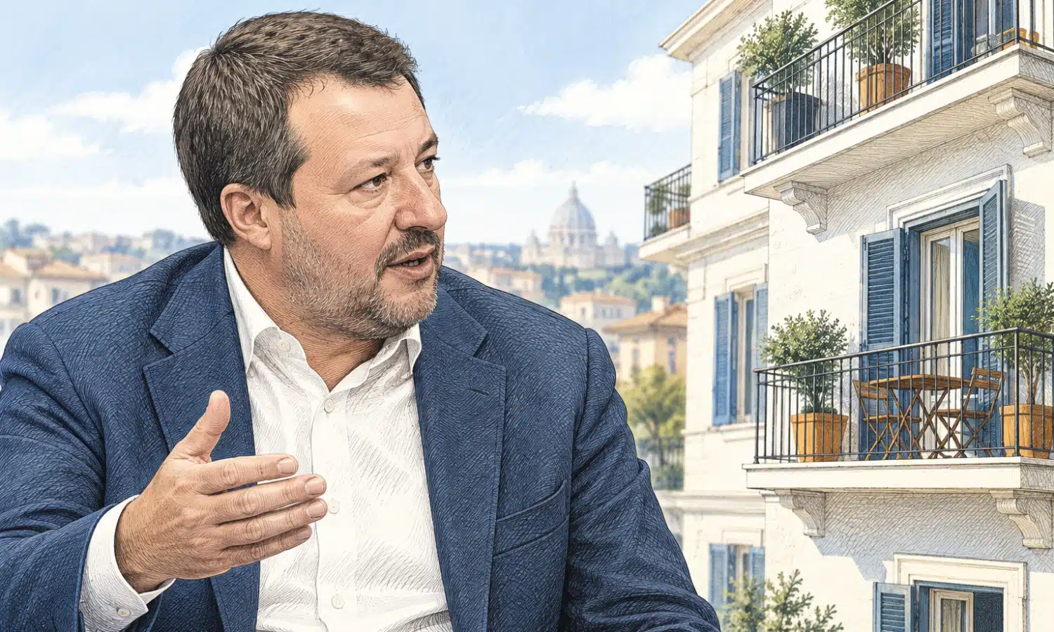 Ritratto illustrato del protagonista della foto a sinistra, accostato al profilo di un edificio residenziale.