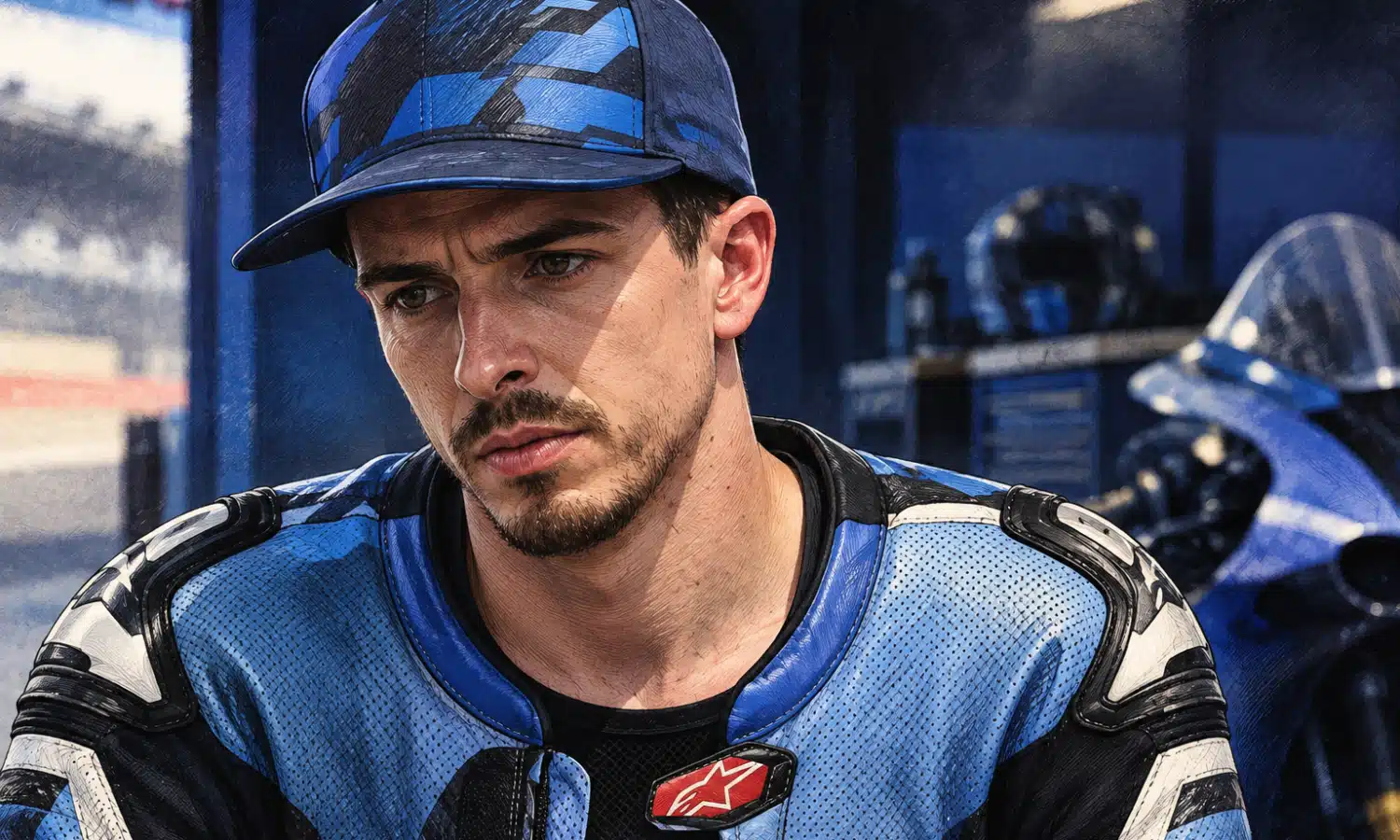 Illustrazione editoriale di un pilota ispirato ad Álex Márquez nel contesto di un box MotoGP.