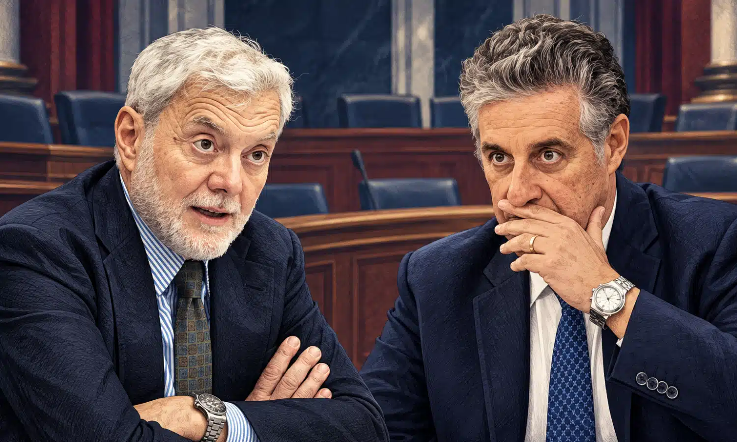 Illustrazione editoriale di due magistrati davanti a uno sfondo istituzionale sobrio.