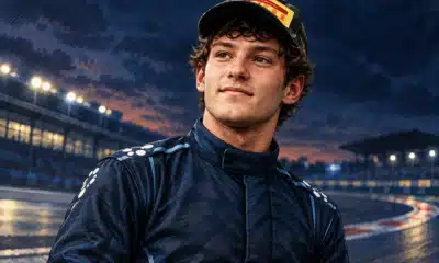 Ritratto illustrato di Kimi Antonelli in tuta da pilota, davanti a uno sfondo blu scuro con un accenno di circuito.