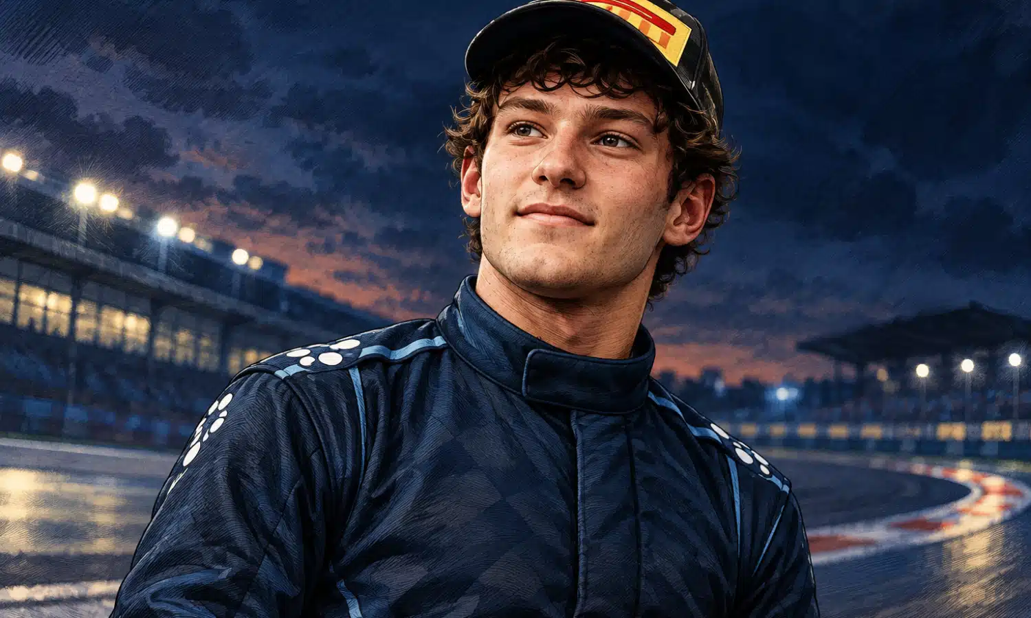 Ritratto illustrato di Kimi Antonelli in tuta da pilota, davanti a uno sfondo blu scuro con un accenno di circuito.