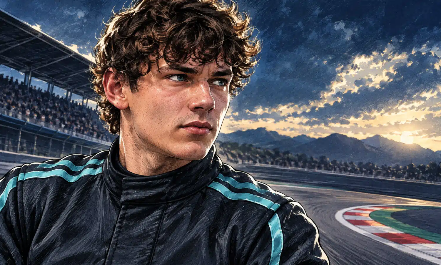 Illustrazione editoriale di un pilota di Formula 1 in tuta scura con accenti turchesi, davanti a un accenno di circuito.