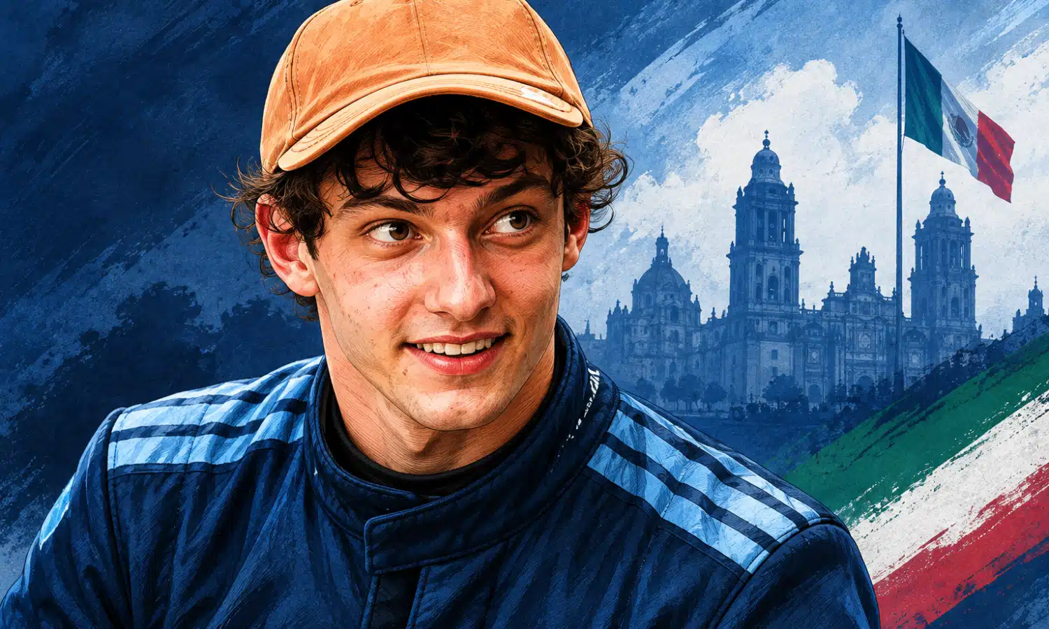 Illustrazione editoriale ravvicinata di Kimi Antonelli con tuta blu scuro e cappellino arancione.