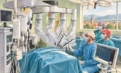 Illustrazione di una piattaforma di chirurgia robotica in una sala operatoria luminosa, senza pazienti visibili.