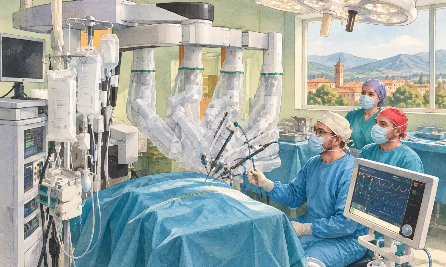Illustrazione di una piattaforma di chirurgia robotica in una sala operatoria luminosa, senza pazienti visibili.