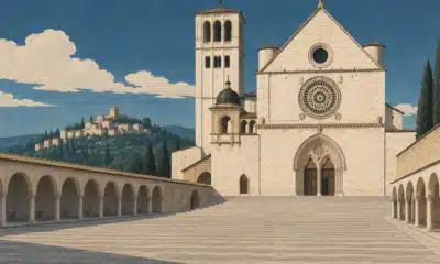 La Basilica di San Francesco accanto a un leggio con microfoni