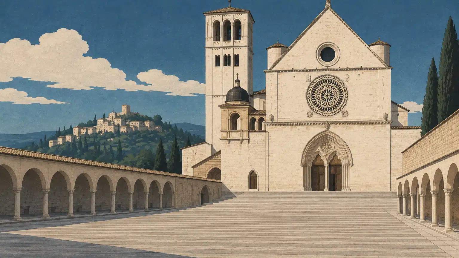 La Basilica di San Francesco accanto a un leggio con microfoni