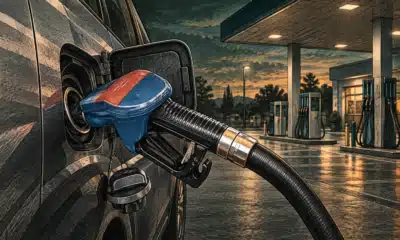 Pistola erogatrice inserita in una pompa carburante generica, illustrata in un distributore senza marchi.