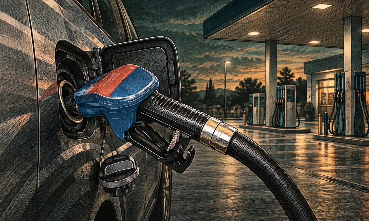 Pistola erogatrice inserita in una pompa carburante generica, illustrata in un distributore senza marchi.