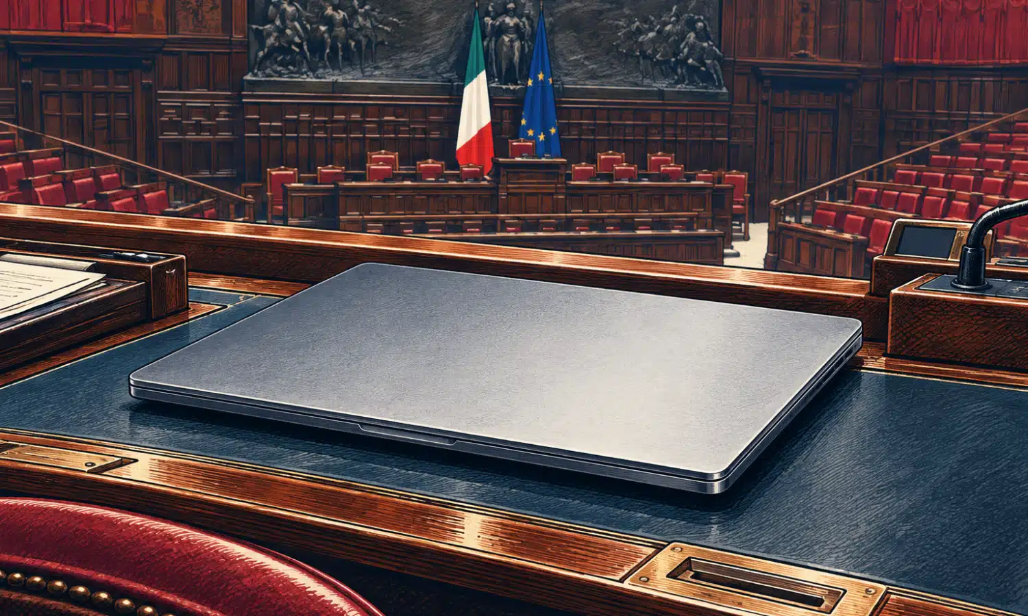 Un computer portatile chiuso su un banco, con l’aula della Camera sullo sfondo.