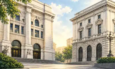 Illustrazione di due edifici bancari distinti, separati da uno spazio visibile.