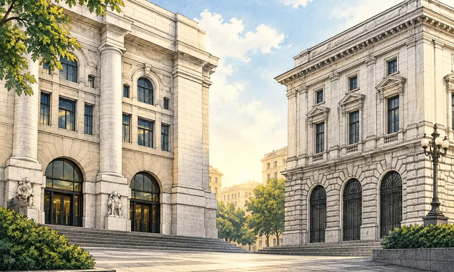Illustrazione di due edifici bancari distinti, separati da uno spazio visibile.
