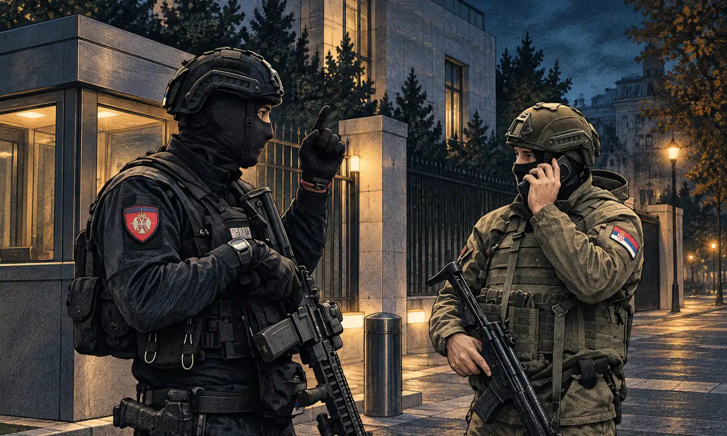 Illustrazione di due gendarmi anonimi in servizio presso l’ingresso di una sede diplomatica, in un contesto di sicurezza rafforzata.