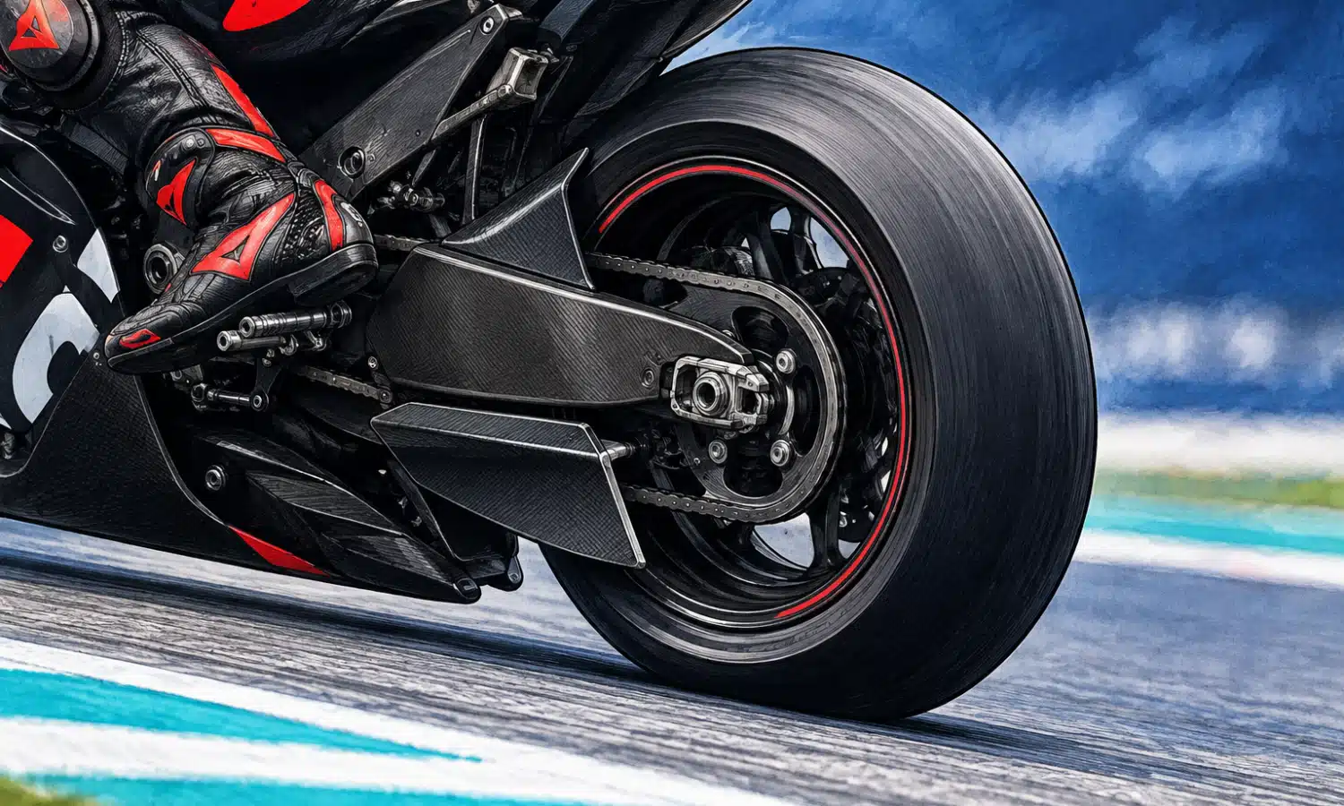 Illustrazione ravvicinata del forcellone e della ruota posteriore della Aprilia RS-GP, con l’appendice aerodinamica aggiuntiva sotto il pannello esistente.