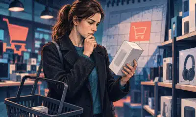 Un acquirente anonimo valuta un prodotto in un negozio, con un cestino quasi vuoto sullo sfondo.