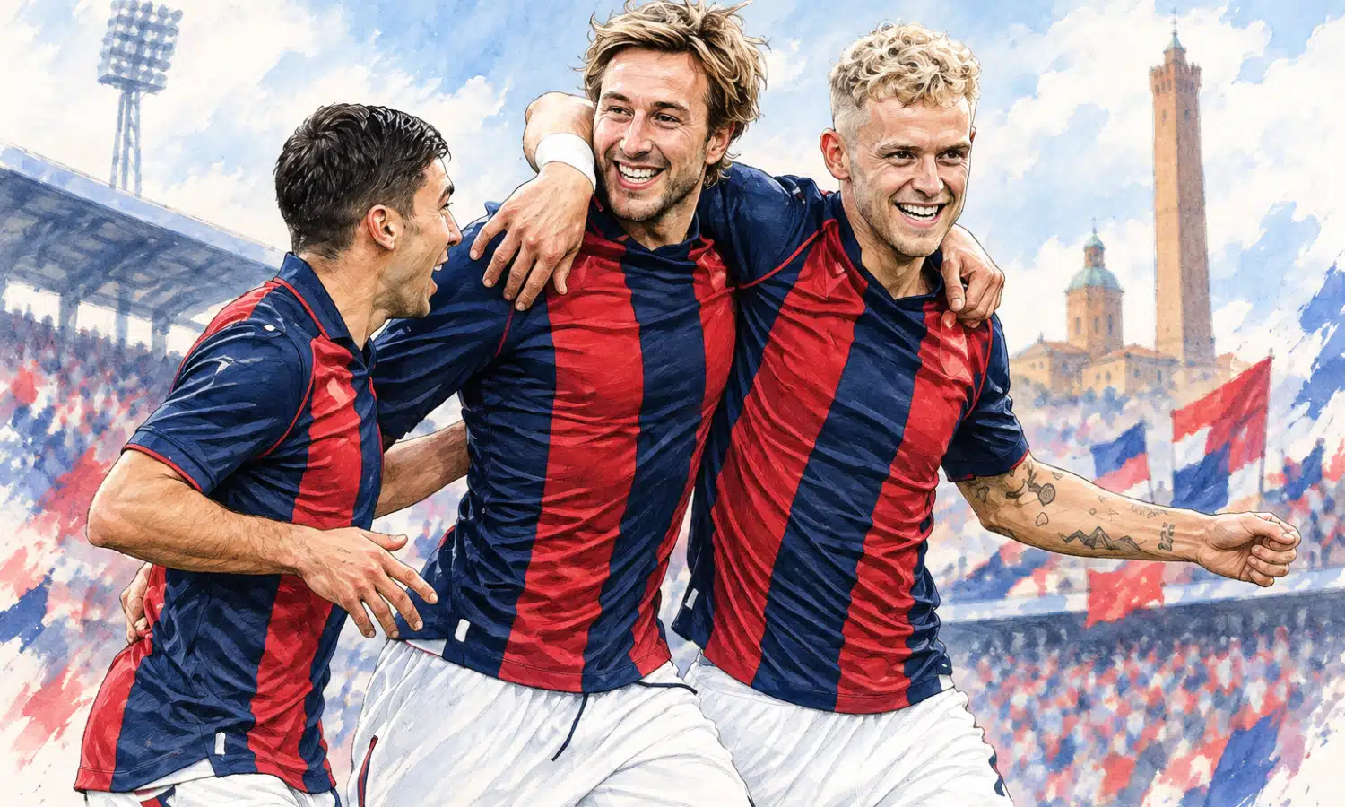 Illustrazione di tre giocatori del Bologna che festeggiano, ispirati alla foto di riferimento.