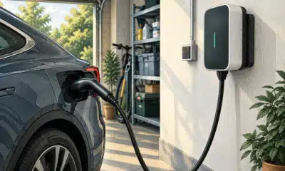 Illustrazione editoriale di una wallbox domestica collegata a un’auto elettrica in un garage.