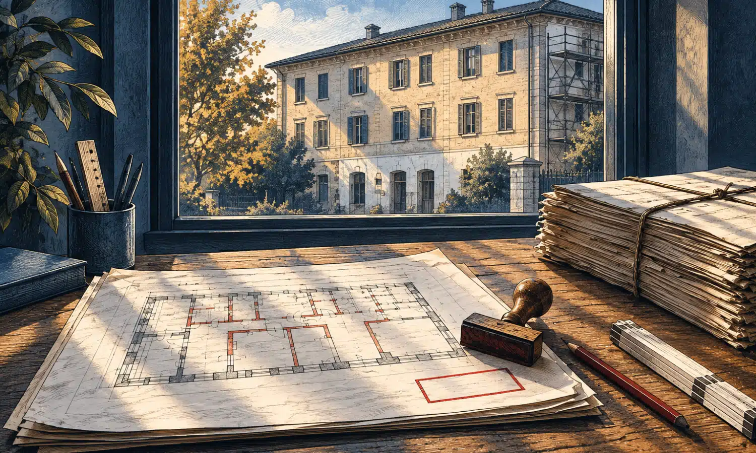 Planimetria architettonica in primo piano e facciata di una casa sullo sfondo.
