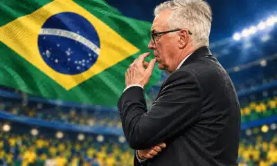 Illustrazione editoriale di Ancelotti, ispirata alla foto di riferimento, davanti a uno sfondo essenziale nei colori del Brasile.