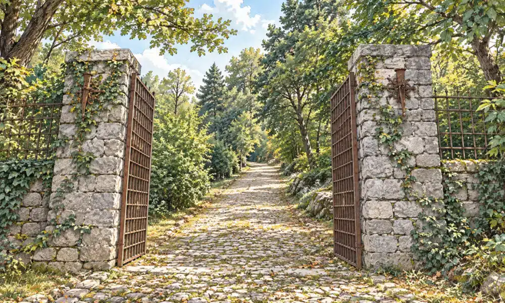Illustrazione dell’ingresso in pietra aperto del Brich di Zumaglia e della strada ciottolata che sale nel bosco.