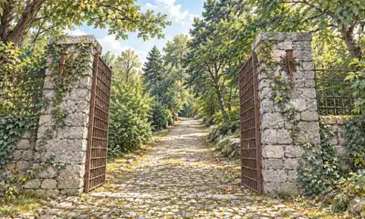 Illustrazione dell’ingresso in pietra aperto del Brich di Zumaglia e della strada ciottolata che sale nel bosco.