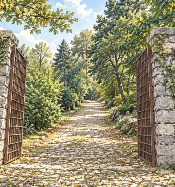Illustrazione dell’ingresso in pietra aperto del Brich di Zumaglia e della strada ciottolata che sale nel bosco.