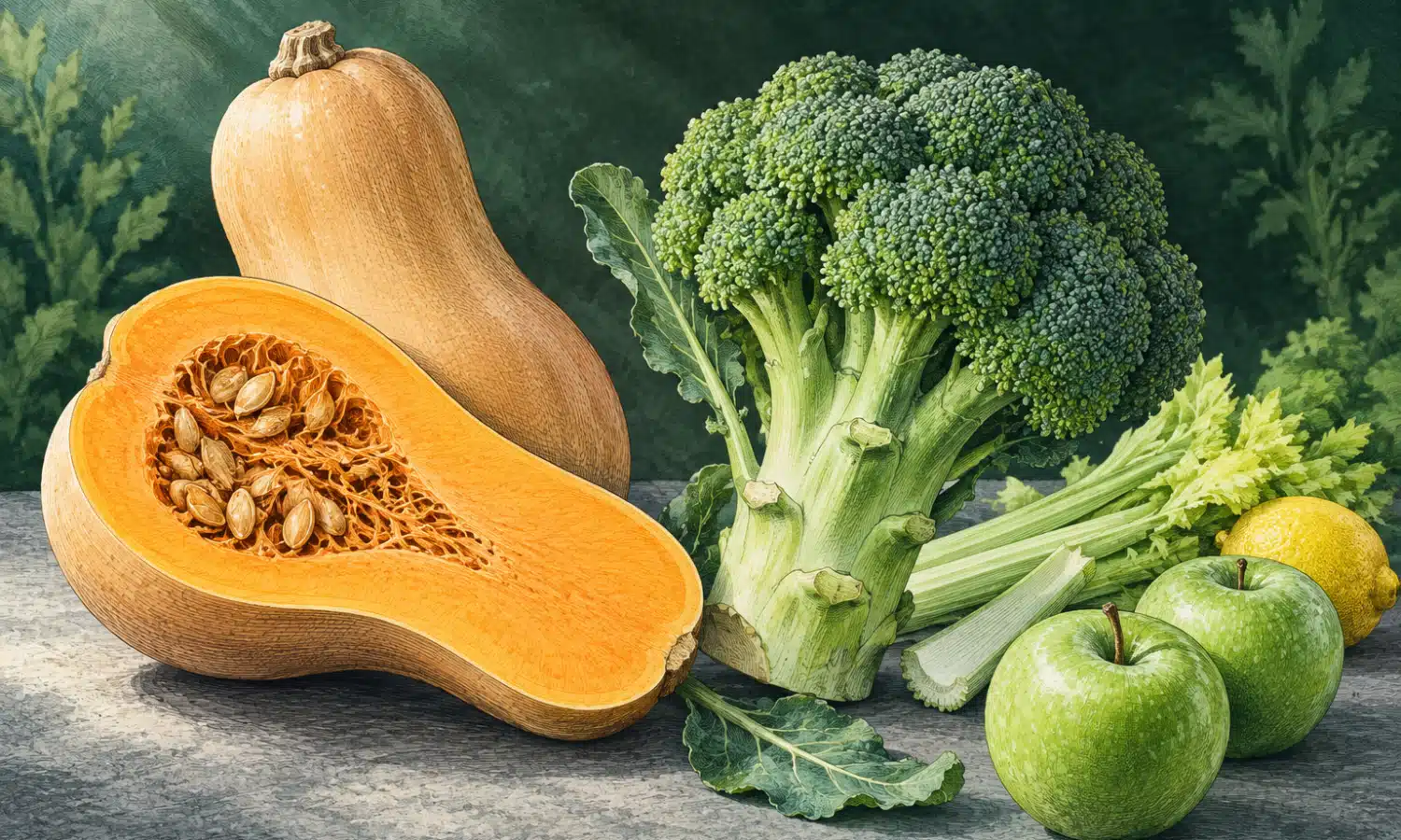 Illustrazione di una zucca aperta con buccia e semi visibili accanto a un broccolo con gambo e cimette distinguibili.