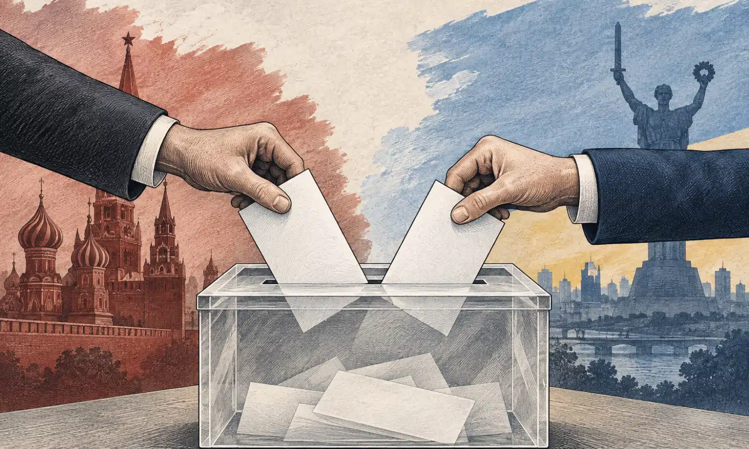 Un’urna elettorale trasparente con due schede anonime, illustrazione del ballottaggio presidenziale in Bulgaria.