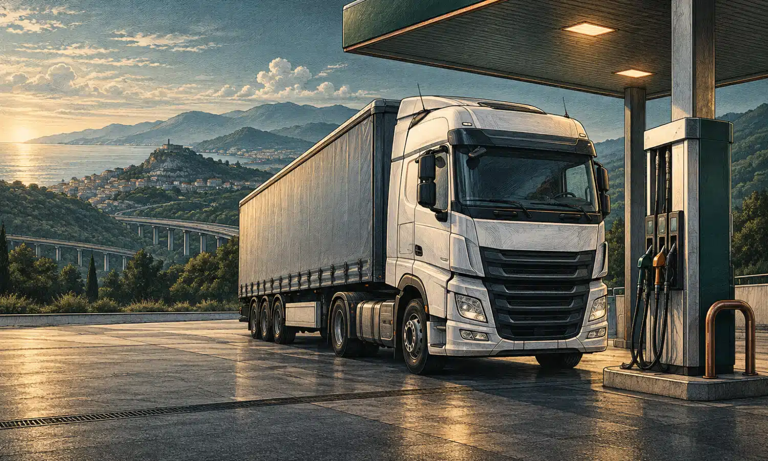 Illustrazione di un camion per il trasporto merci accanto a una pompa di carburante.