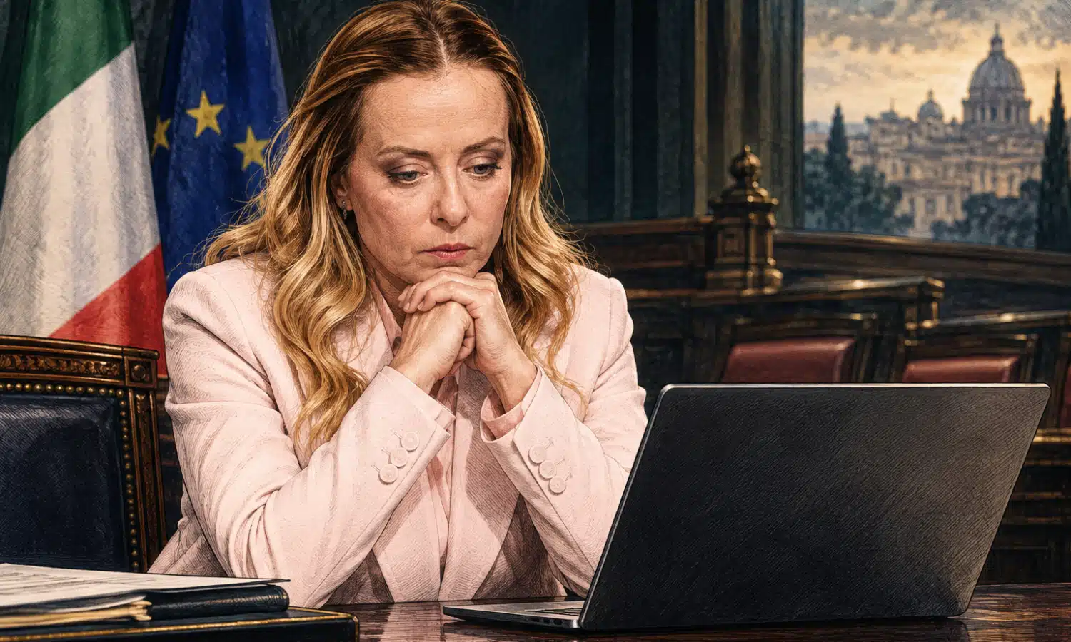 Ritratto illustrato di Giorgia Meloni accanto a un computer portatile senza testo sullo schermo.