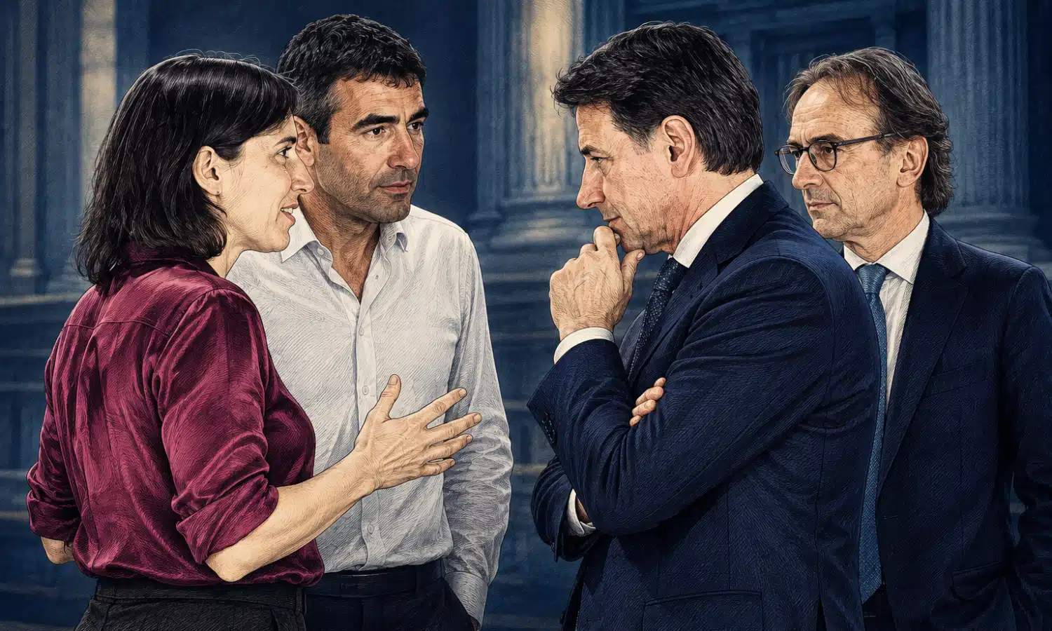 Illustrazione editoriale dei quattro leader che hanno annunciato le tappe del confronto programmatico e delle primarie.