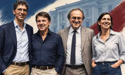 Illustrazione editoriale ravvicinata di quattro figure politiche, ispirate ai volti nella foto di riferimento, su uno sfondo istituzionale essenziale.