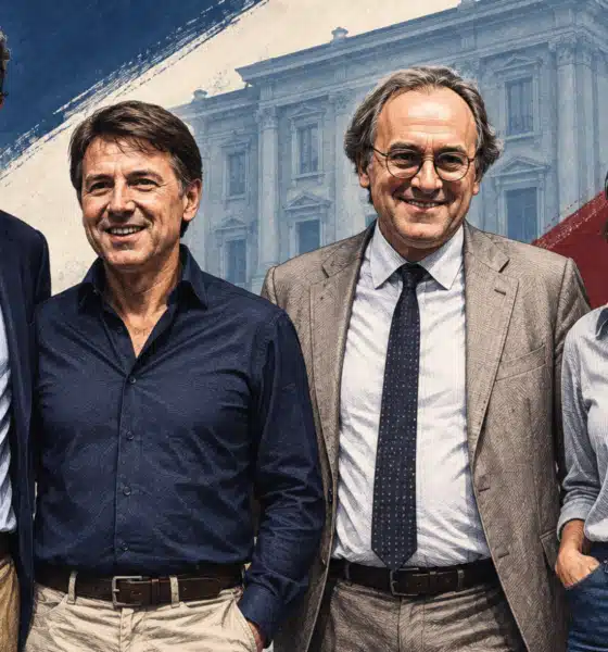 Illustrazione editoriale ravvicinata di quattro figure politiche, ispirate ai volti nella foto di riferimento, su uno sfondo istituzionale essenziale.