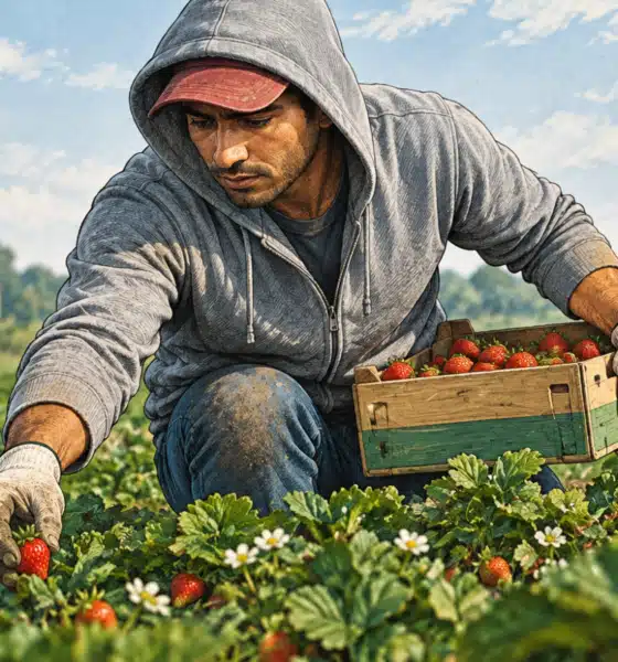 Illustrazione di un lavoratore agricolo anonimo che raccoglie prodotti in un campo.