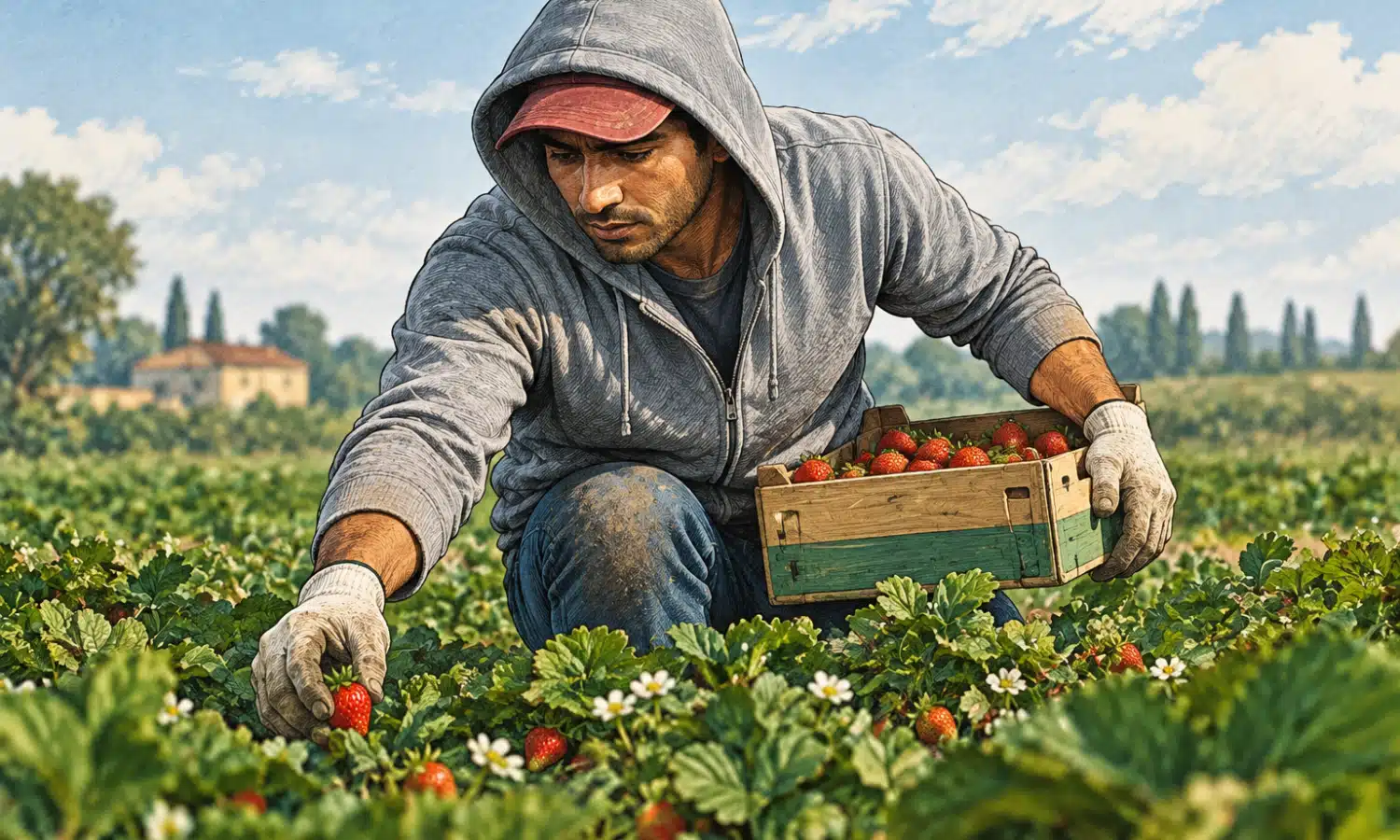 Illustrazione di un lavoratore agricolo anonimo che raccoglie prodotti in un campo.