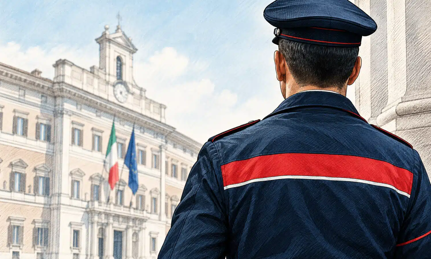 Illustrazione di una figura anonima in uniforme blu scuro dei Carabinieri, vista di spalle, su fondo chiaro.
