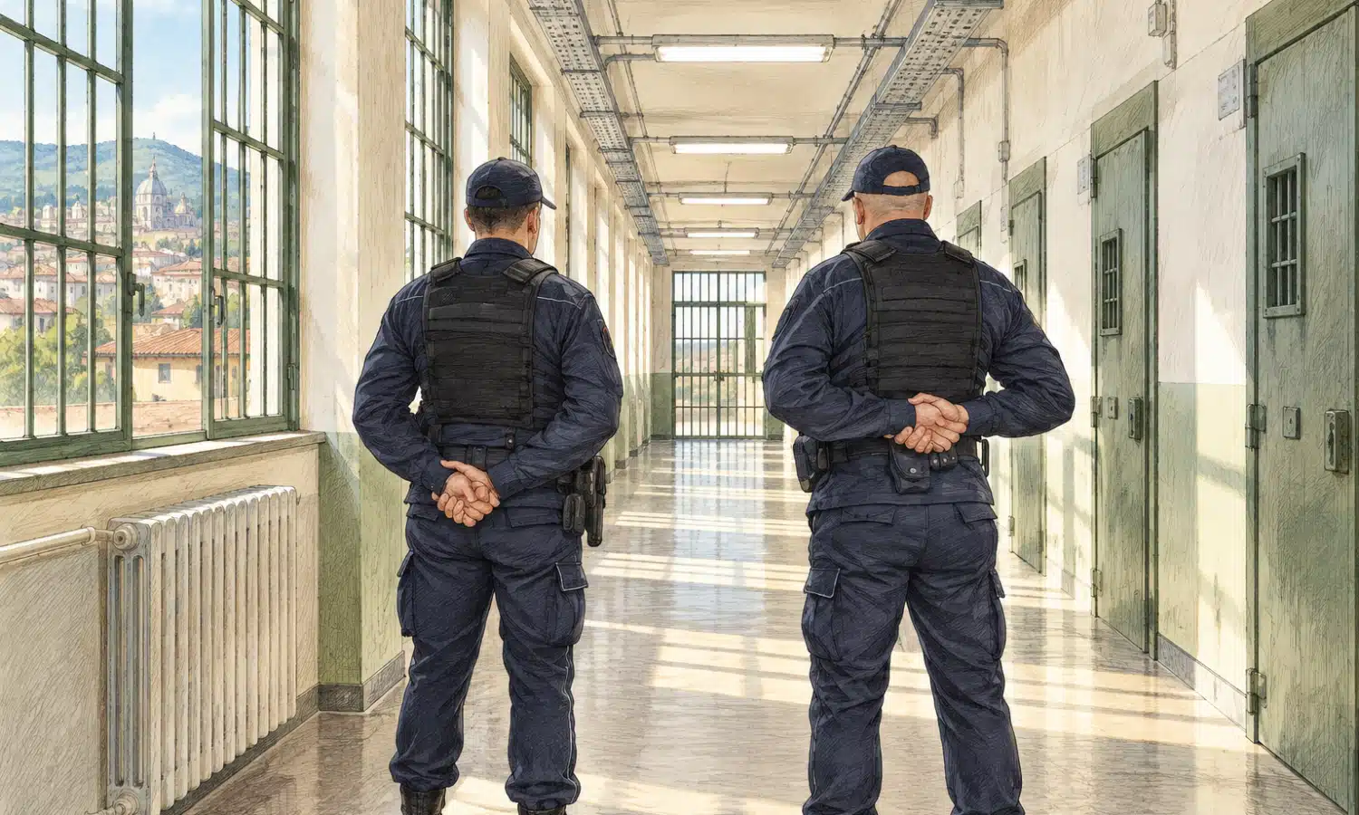 Due agenti della Polizia penitenziaria visti di spalle in un corridoio interno, in un’illustrazione editoriale sobria.