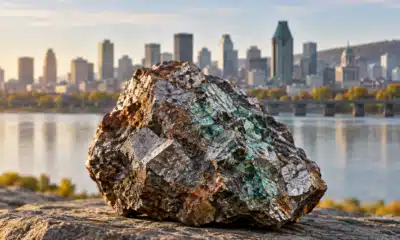 Mappa stilizzata dell’Atlantico tra Europa e Canada, con un campione di minerale e un satellite