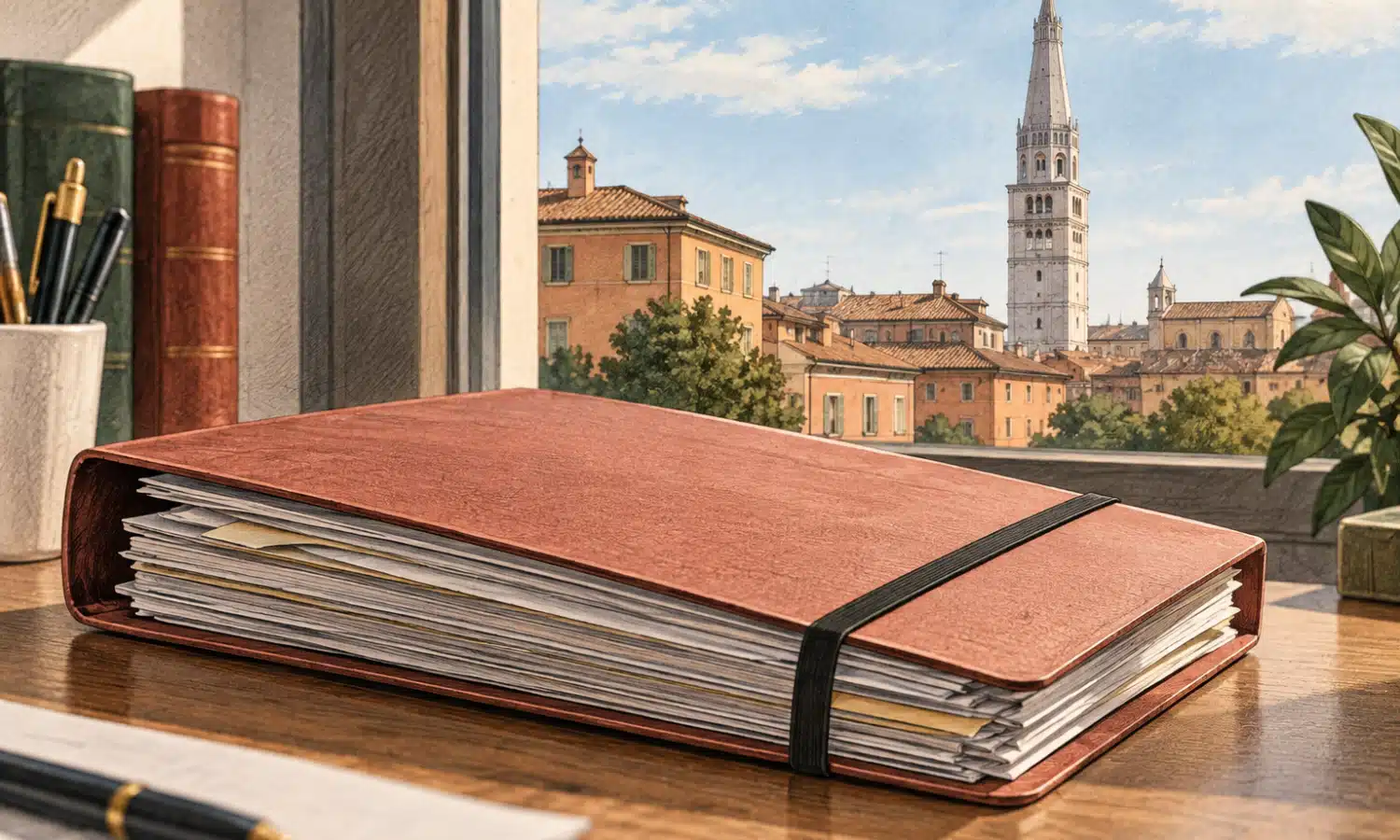 Un fascicolo chiuso in primo piano e la torre Ghirlandina sullo sfondo, in un’illustrazione editoriale sulla Procura di Modena.