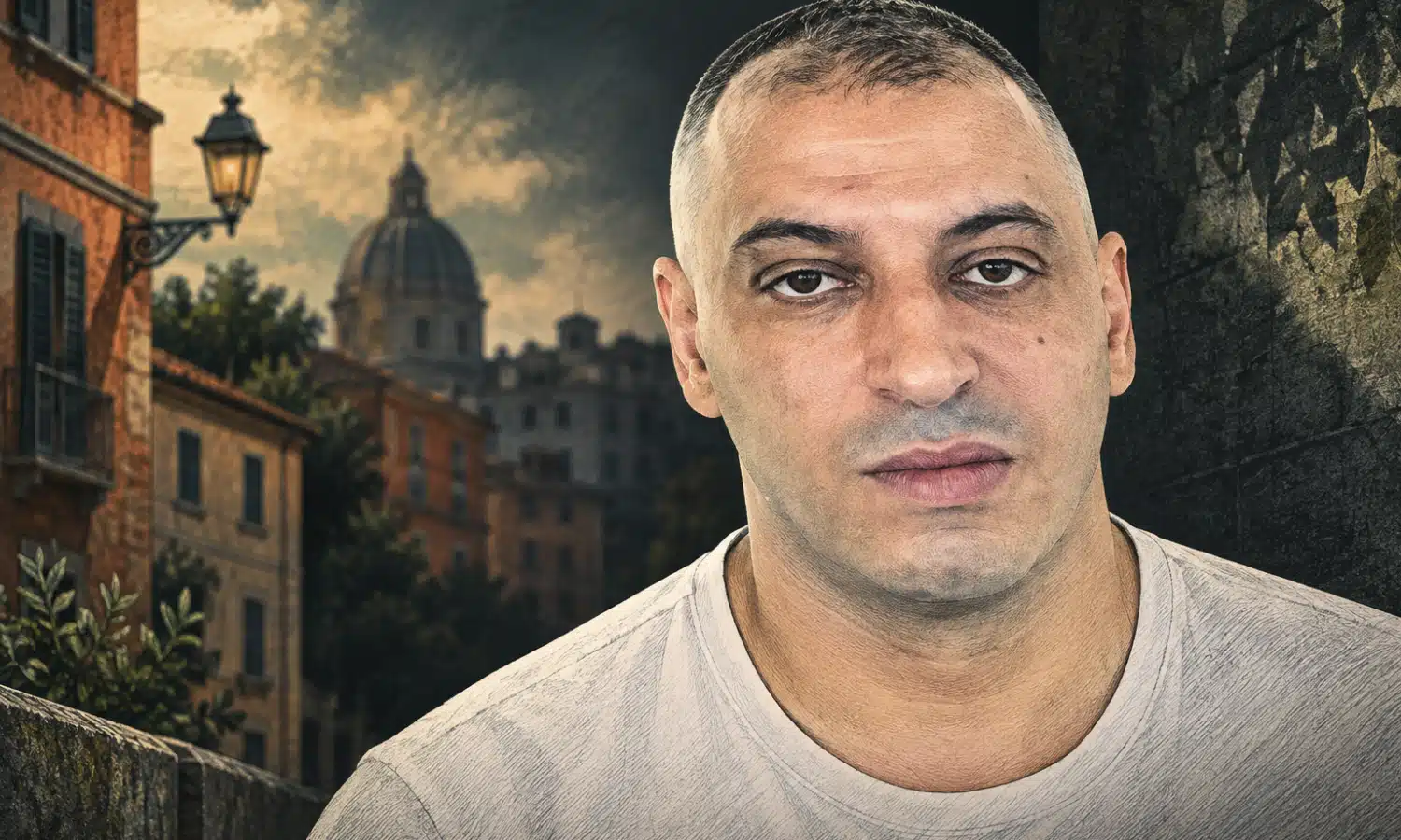 Ritratto illustrato e sobrio del soggetto della foto di riferimento su fondo scuro.