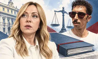 Ritratto illustrato di Giorgia Meloni accanto a un fascicolo giudiziario chiuso e senza scritte.