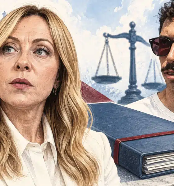 Ritratto illustrato di Giorgia Meloni accanto a un fascicolo giudiziario chiuso e senza scritte.