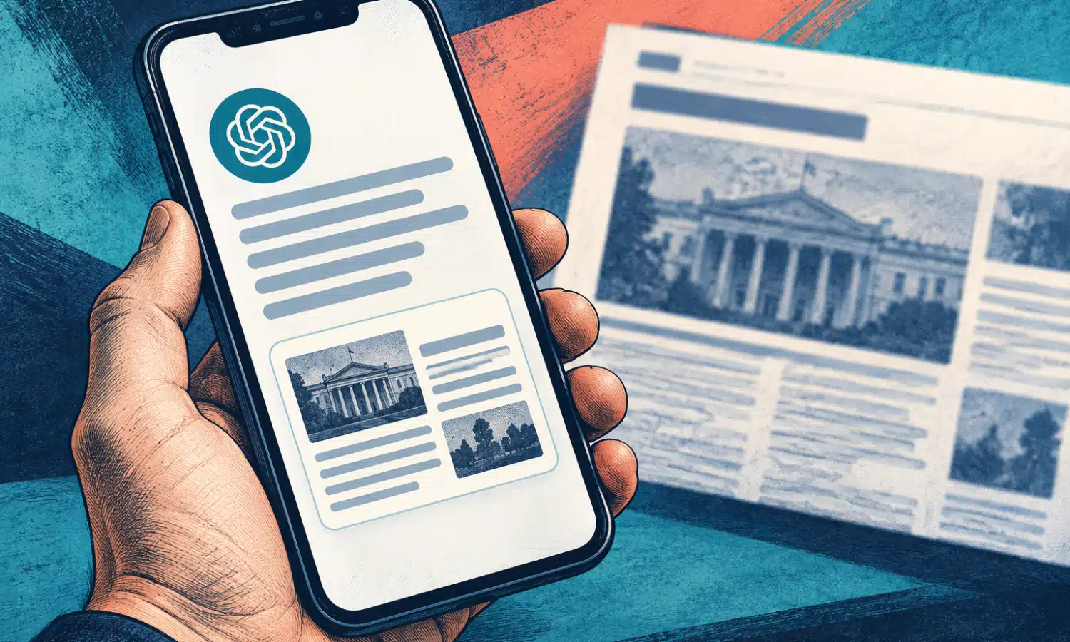 Uno smartphone mostra una risposta AI con una scheda-fonte anonima dall’aspetto di una pagina di giornale locale.