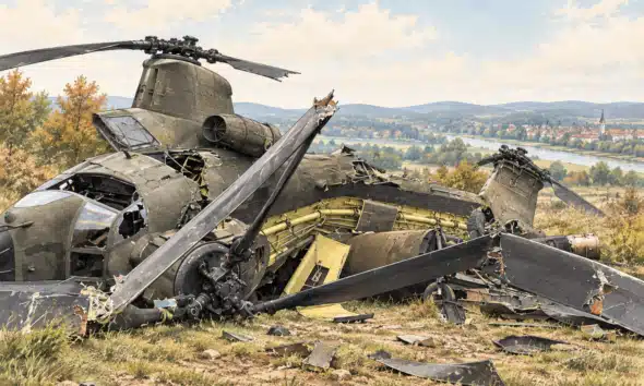 Illustrazione dei resti di un elicottero Chinook sul luogo dello schianto, in un paesaggio aperto vicino a Brčko.