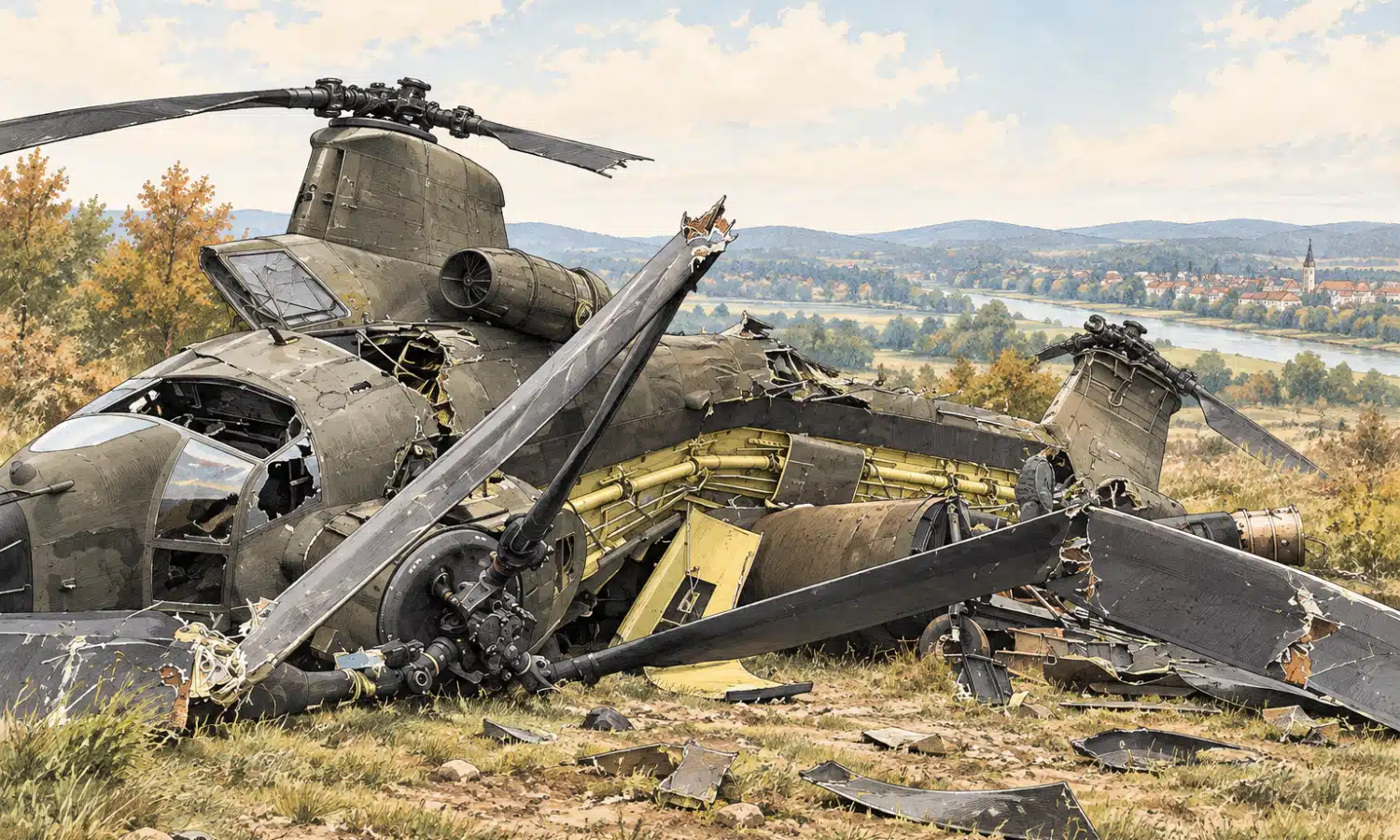 Illustrazione dei resti di un elicottero Chinook sul luogo dello schianto, in un paesaggio aperto vicino a Brčko.