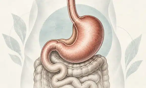 Illustrazione anatomica dello stomaco e del tratto digestivo superiore, riferita alla chirurgia metabolico-bariatrica.