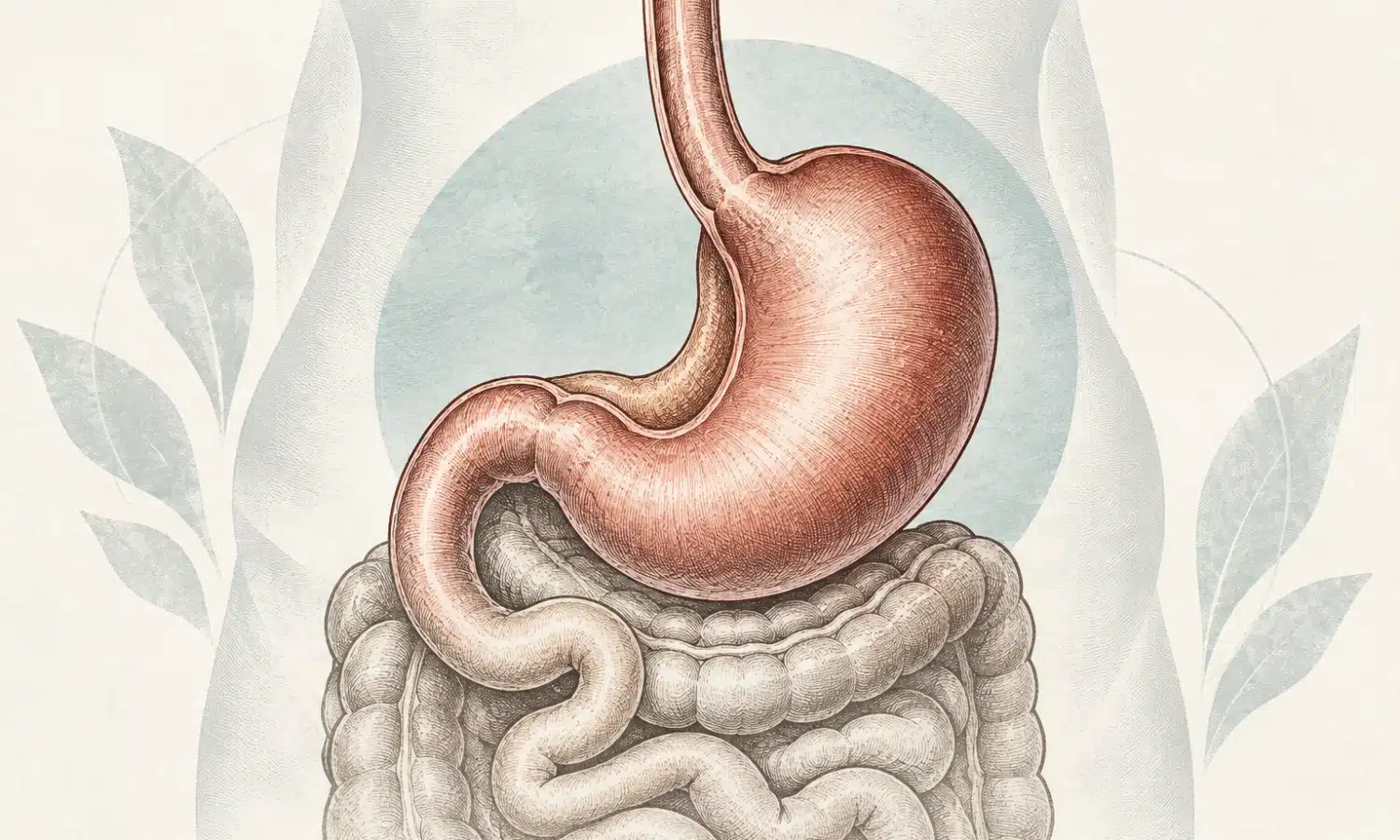 Illustrazione anatomica dello stomaco e del tratto digestivo superiore, riferita alla chirurgia metabolico-bariatrica.