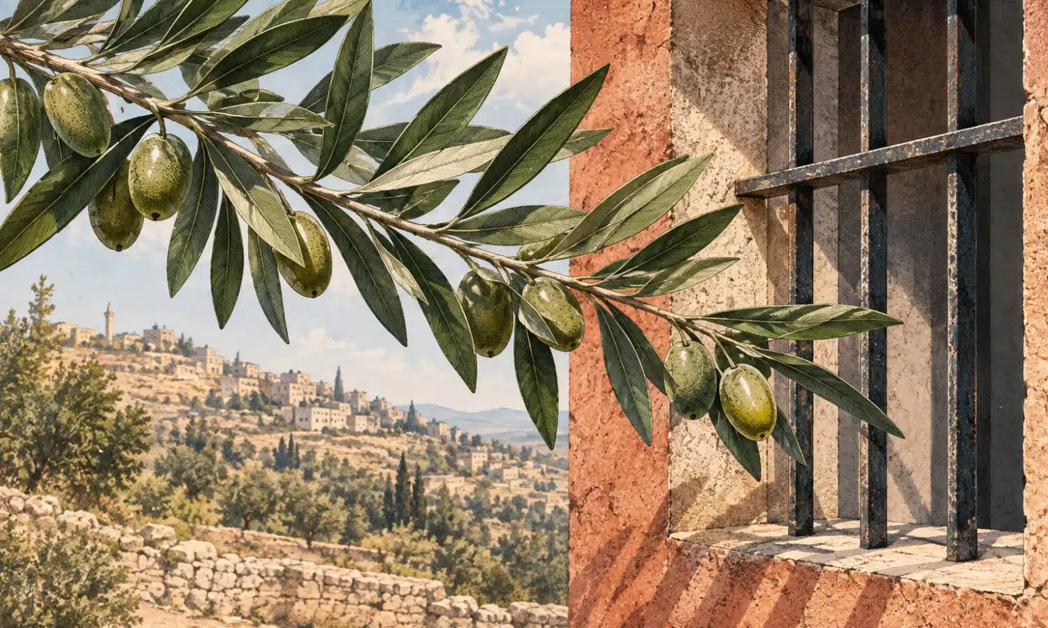 Illustrazione di un ramo d’ulivo davanti a una finestra con sbarre, richiamo alla raccolta delle olive e alla detenzione riferita nell’articolo.