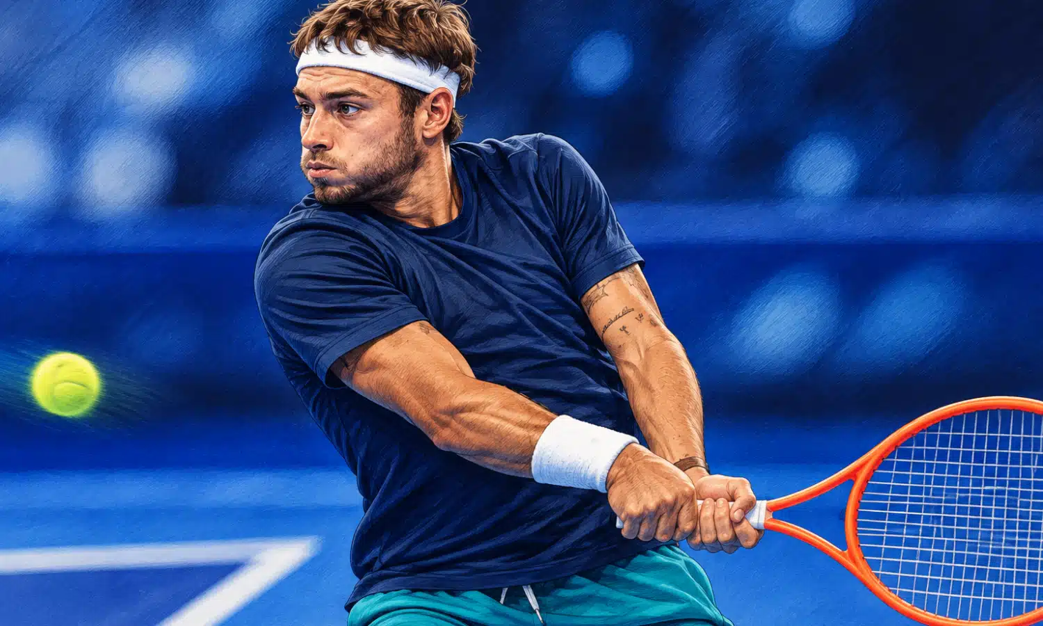 Ritratto illustrato di un tennista con maglia blu e racchetta, sullo sfondo sfumato di un campo indoor.